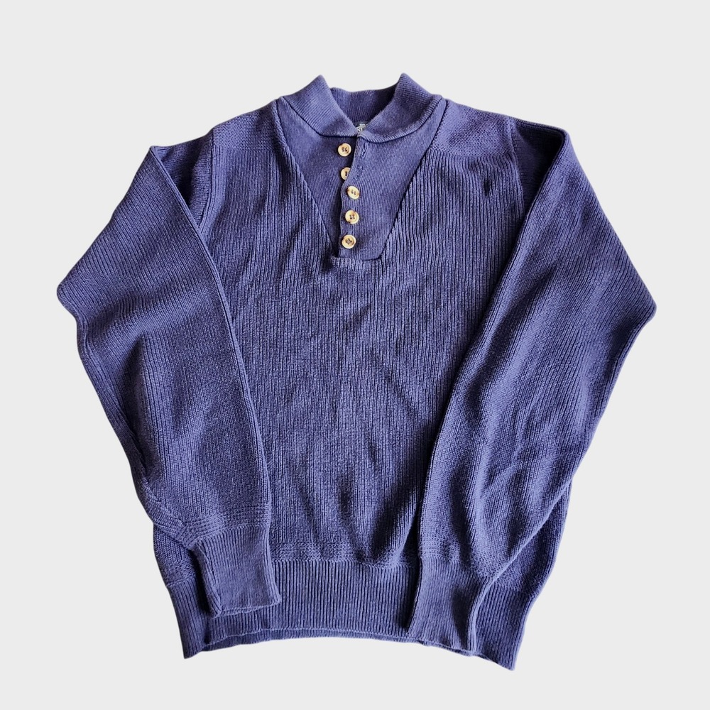 Lands End Shawl Button Sweater Mens M Long Blue Cotton Knit Made in USA Vintage